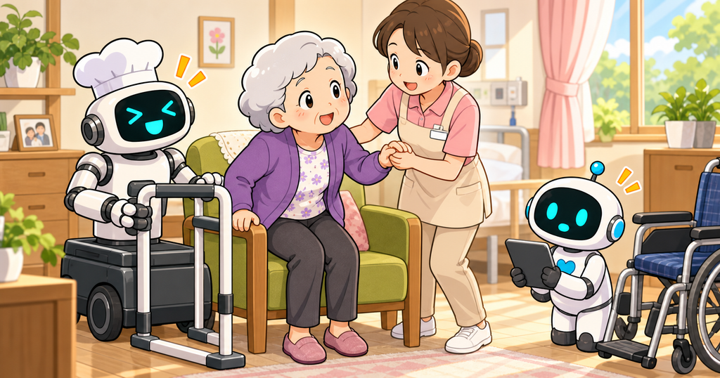 介護職員とフィジカルAIロボットに支えられて椅子から立ち上がる高齢女性のイラスト
