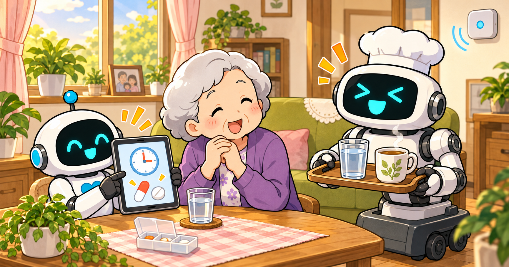 会話や服薬確認、水分補給を支えるフィジカルAIロボットと高齢女性のイラスト