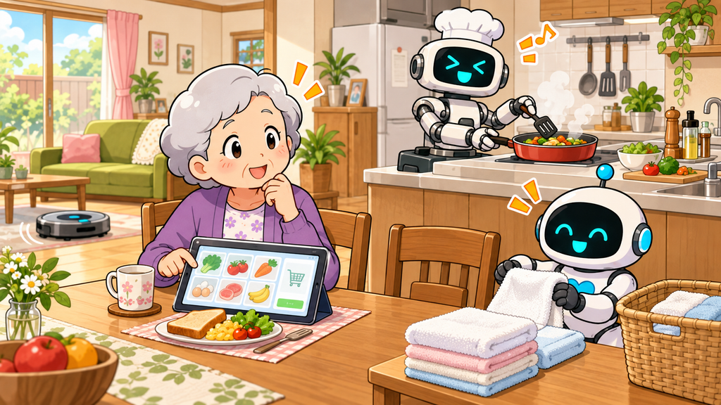 料理・洗濯・掃除を手伝うAIロボットと高齢女性の暮らしを描いたイラスト
