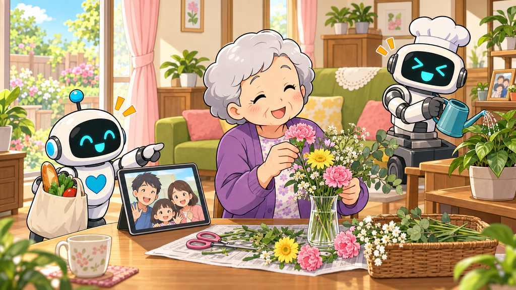 住み慣れた家で花を楽しみ、AIロボットの支援で家族とつながる高齢女性のイラスト