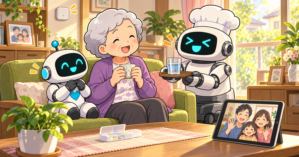 会話や水分補給、家族との連絡を支える介護ロボットと高齢女性のイラスト
