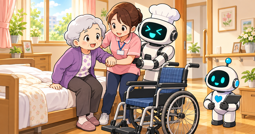 介護職員と介護ロボットに支えられ、ベッドから車椅子へ移る高齢女性のイラスト