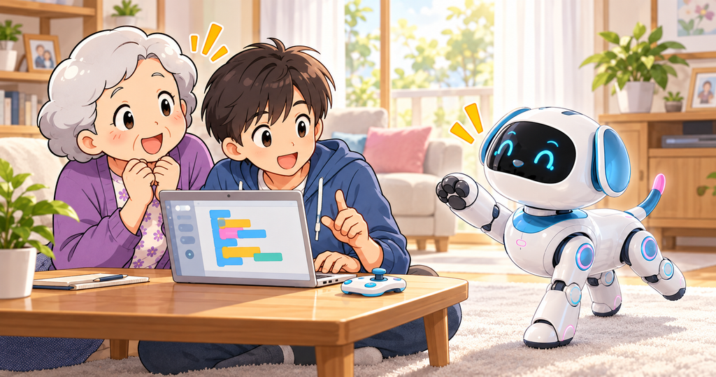 プログラミングで動きをカスタマイズするAIロボット犬Siriusと家族のイラスト