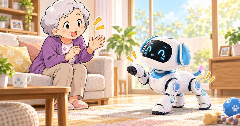 声や身振りに反応するAIロボット犬Siriusと高齢女性のイラスト