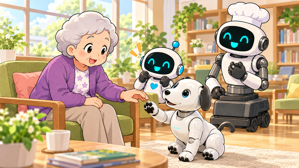 福祉施設でハルさんがロボット犬と触れ合い、コロ助と大将が見守るイラスト