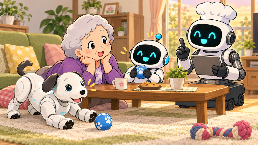 ハルさんとコロ助がロボット犬と遊び、大将が家庭での暮らしを支えるイラスト