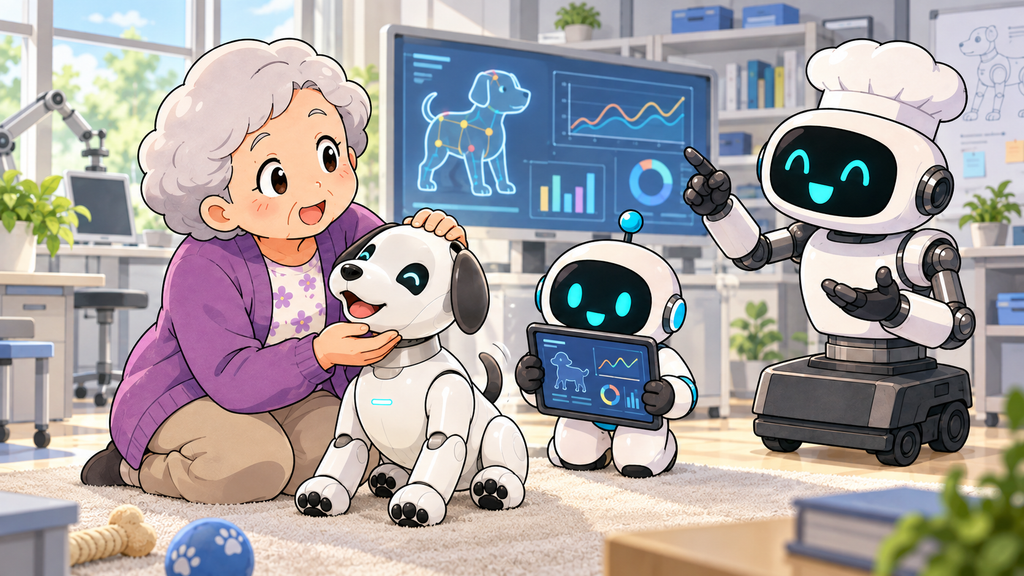 ハルさんがロボット犬と触れ合い、コロ助と大将が研究データを確認するイラスト