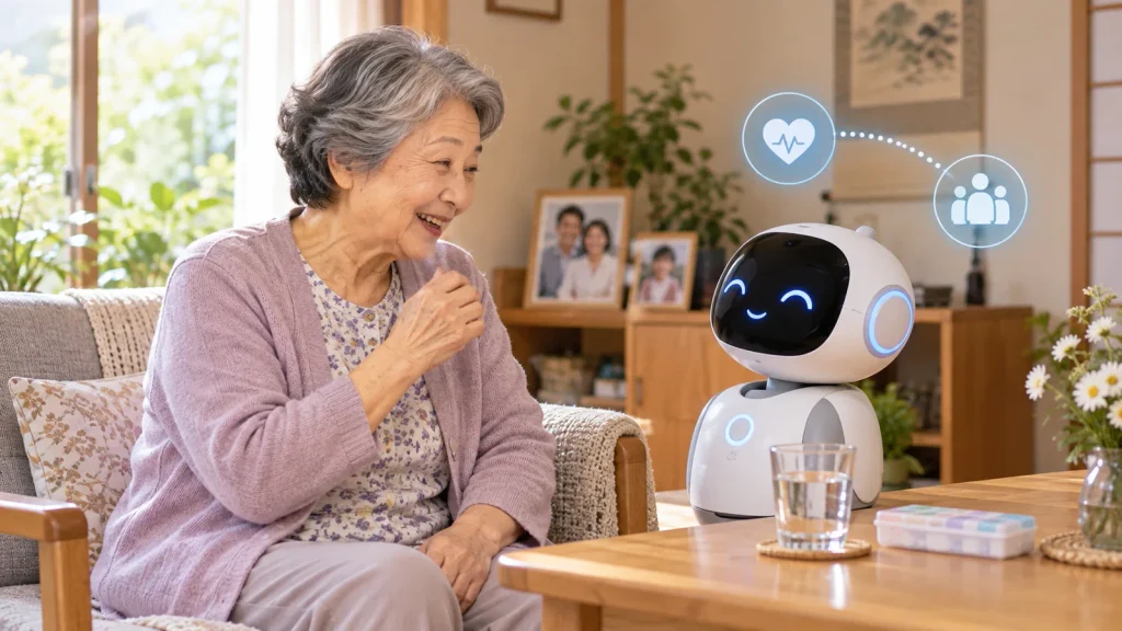 高齢者と会話しながら見守りを行うAIロボットのイメージ