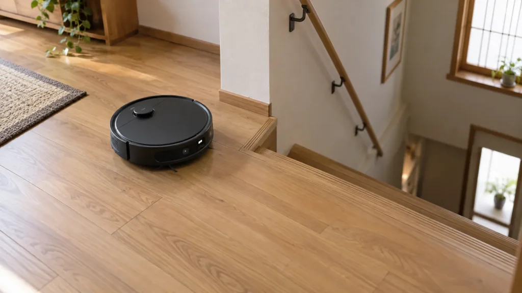階段の手前で止まるロボット掃除機のイメージ