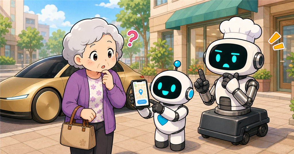 Cybercabの前でスマホ予約について話すハルさん、ココ助、タイショー