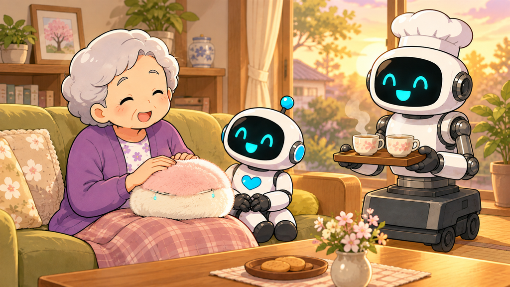 ハルさんとコロ助がさくら色のAIペットと過ごし、大将がお茶を運ぶイラスト