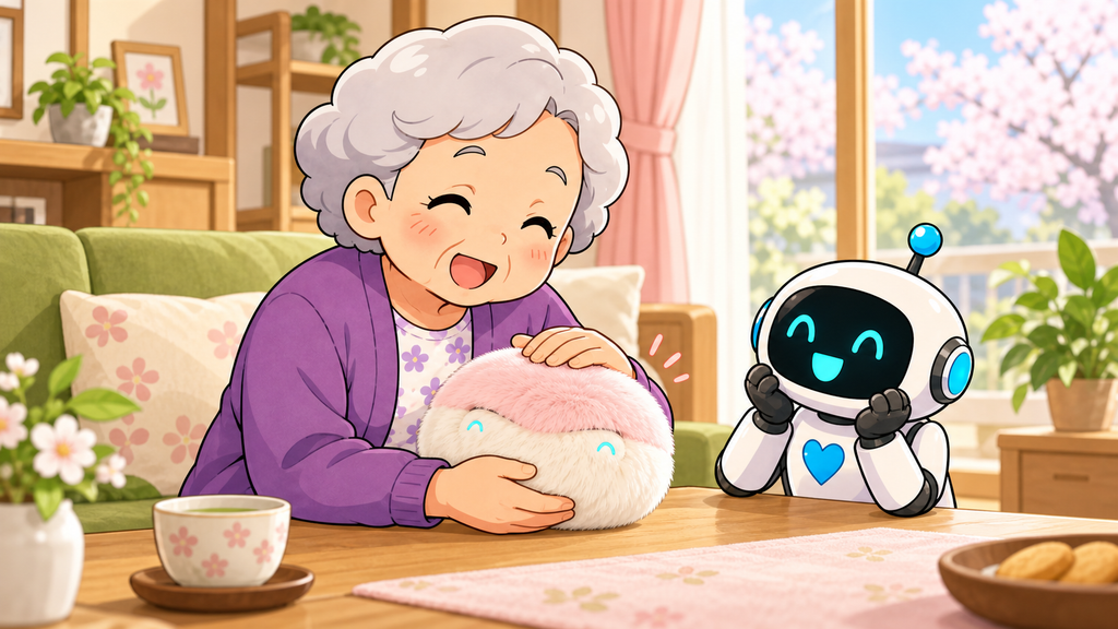 ハルさんがさくら色のAIペットを撫で、コロスケが見守るイラスト
