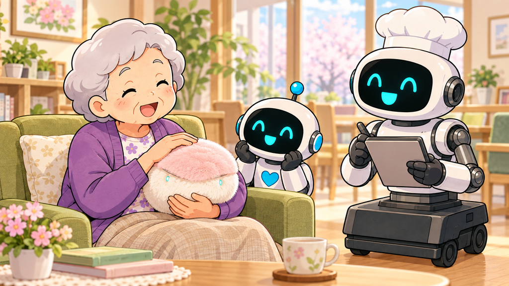 ハルさんとAIペットの触れ合いを大将とコロ助が見守るイラスト
