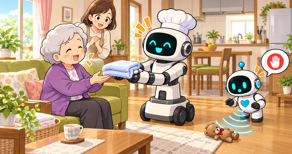 家庭で高齢女性を安全に支えるフィジカルAIロボットのイラスト
