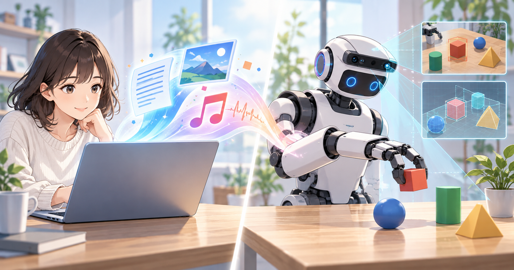 文章や画像を生成するAIと、現実の物を認識して動かすフィジカルAIの違いを示すイラスト