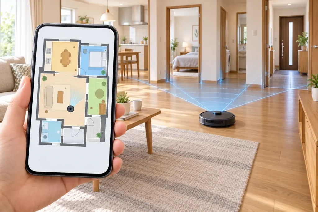 スマートフォンの間取り図とLiDARで室内を測るロボット掃除機