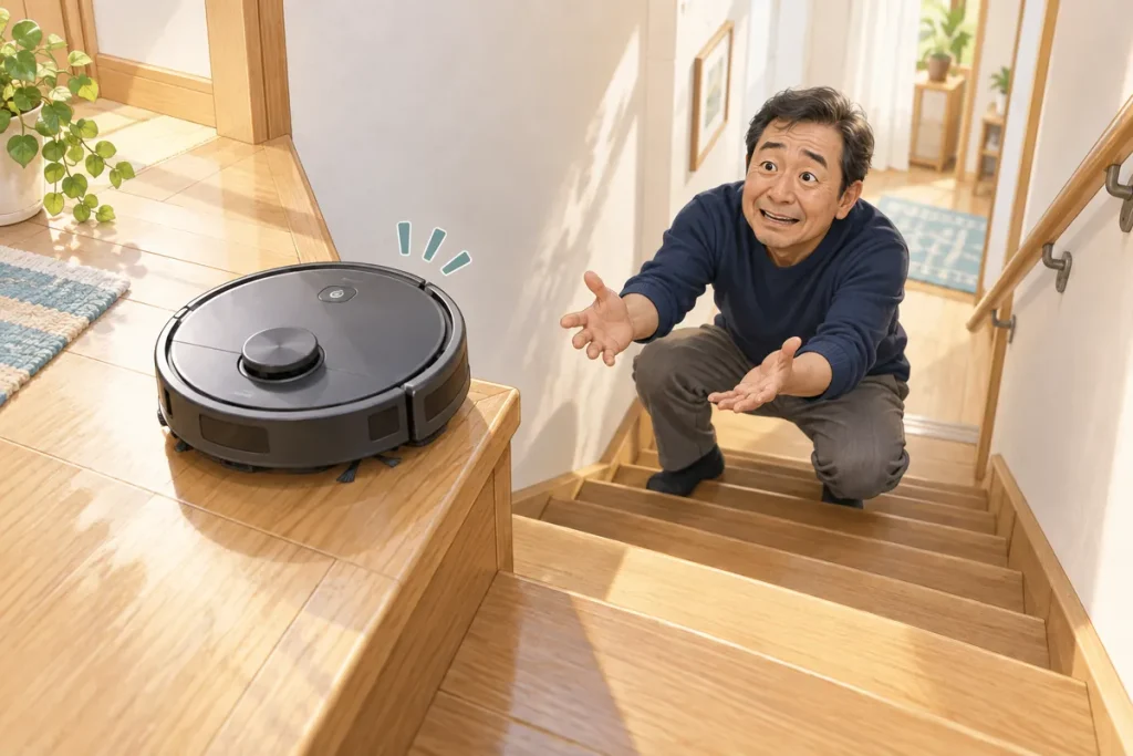 階段の縁で止まるロボット掃除機を両手で受け止めようとする男性